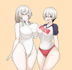 2girls big_breasts blush breast_press closed_eyes clothed clothing duo female female_only fully_clothed hair_between_eyes leotard long_hair mole mother_and_daughter one-piece_swimsuit pmstar short_hair silver_hair smile swimsuit symmetrical_docking uzaki-chan_wa_asobitai! uzaki_hana uzaki_tsuki white_hair