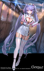 black_bra black_gloves black_underwear bra breasts cleavage cleavage_cutout clothing_cutout cuboon evertale female garter_straps gloves hair_ornament hat high_heels high_resolution holding holding_scissors indoors large_breasts lingerie long_hair looking_at_viewer nurse nurse_cap purple_eyes purple_hair reina_(evertale) scissors shoes standing thighhighs tied_hair twintails underwear white_footwear white_legwear