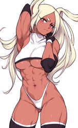 abs arm_up armpit belly breasts clothed clothing covered_nipples dark-skinned_female dark_skin eyebrows female female_focus female_only highleg long_hair miruko muscles muscular_female my_hero_academia navel rumi_usagiyama sieyarelow simple_background six_pack solo solo_female solo_focus stomach thighs topwear underboob white_background