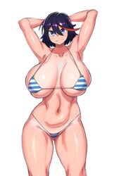 bikini black_hair blue_eyes blush breasts embarrassed female huge_breasts kill_la_kill makinakid matoi_ryuuko striped_bikini thick_thighs wide_hips