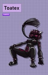 absurd_res amphibian anthro cat_o'_nine_tails clothing female frog hi_res humanoid latex_skin latex_transformation rottentuttifrutti rubber rubber_suit solo toad_(frog) whip