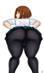 1girls bending_over big_ass bottom_heavy brunette bubble_ass bubble_butt curvy female female_only happy highschool huge_ass large_ass leaning_forward looking_at_viewer looking_back lord_lince my_hero_academia nervous nervous_smile ochako_uraraka pantyhose round_ass school school_uniform schoolgirl short_hair shounen_jump skirt smile solo teenager thick thick_thighs tight tight_clothing tight_fit upskirt