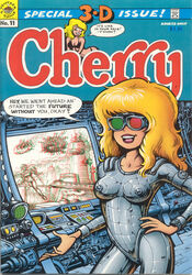 1990 1990s 1girls 20th_century 3d_glasses blonde blonde_hair bodysuit cherry_pop cherry_poptart_(comic) comic comic_cover computer english_text futuristic futuristic_clothing goggles green-tinted_eyewear larry_welz metal_skin nipple_pinch nipples red-tinted_eyewear skinsuit speech_bubble straight_hair tinted_eyewear visor