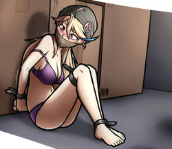 1girls arms_behind_back beanie big_breasts blonde_hair blush bondage bound bra bra_strap breasts cleavage feet female gag gagged hat legs_together leuedai_(magnolia-baillon) long_hair magnolia-baillon matching_underwear mole mole_under_eye off_shoulder omniv original original_character panties purple_bra purple_panties solo toes two_tone_hair zip_tie