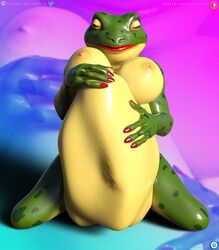 amphibian anthro beatrice_(loneclaw) belly big_belly big_breasts breasts daz3d daz_3d daz_studio duo female frog hands_on_belly hyper hyper_belly kneeling loneclaw oral_vore same_size_vore sitting smile stomach_bulge unwilling_vore vore