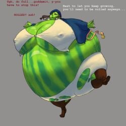 beltpop deadman_wonderland dialogue fruit_transformation full_body_inflation inflation makina_(deadman_wonderland) massive_belly massive_breasts nipple_bulge sequence spherical_inflation torn_clothes watermelon