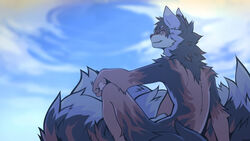 angiewolf animal_genitalia anthro blue_body blue_fur canid canine fox fur genitals male male_only mammal mercury mercury_(flamemist) mercury_(mercuryf0x) red_body red_fur relaxing sheath sky solo solo_male