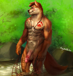 2021 5_fingers abs anthro athletic athletic_anthro athletic_male balls big_balls big_penis brown_body brown_fur brown_hair canid canine canis casual cherry_blossom_kid chest_markings digital_media_(artwork) eye_markings facial_markings fingers fishing fishing_net flaccid footprint foreskin fur genital_markings genitals hair head_markings hi_res holding_net humanoid_hands jewelry looking_at_viewer male mammal markings muscular muscular_anthro muscular_male naughty_face navel necklace nipples nude nudist outside partially_submerged pawprint pecs penis penis_markings red_markings red_wolf short_hair signature skinny_dipping smile solo standing thick_penis tooth_necklace tribal tribal_markings uncut water wolf