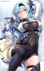 big_breasts blue_hair bodysuit boots breasts clothed curvaceous curvy eula_(genshin_impact) female female_only genshin_impact heel_boots high_heel_boots horny leotard only_female perky_breasts rei_kun see-through see-through_clothing thigh_boots thigh_high_boots