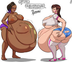 2girls a0iisa asian asian_female belly big_belly breasts brown_hair d.va dark-skinned_female dark_skin expansion female female_only hana_song huge_belly large_breasts latina multiple_girls nipples overwatch same_size_vore sombra video_games vore