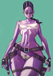 1girls abs belt black_hair braided_ponytail clothing female female_focus female_only fingerless_gloves firearm handgun handwear holster human kriminal lara_croft lara_croft_(classic) navel pointy_ears pubes pubic_hair pubic_hair_peek purple_tone solo sunglasses tagme tank_top thong tied_hair tinted_eyewear tomb_raider weapon