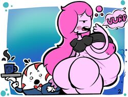 adventure_time belly big_areola big_belly big_breasts bloated bloated_belly breasts bubble_butt burping exposed_ass exposed_breasts fat female female_focus female_only ineffective_clothing large_breasts mysticemerald_(artist) nipples nude overweight overweight_female peppermint_butler pink_hair pink_skin princess_bubblegum sideboob source_request tight_clothing vore