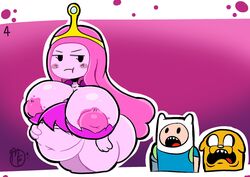 adventure_time areola_slip belly big_areola big_belly big_breasts bloated bloated_belly breasts exposed_breasts fat female female_focus finn_the_human ineffective_clothing inverted_nipples jake_the_dog large_breasts male mysticemerald_(artist) nipples overweight overweight_female pink_hair pink_skin princess_bubblegum source_request vore weight_gain