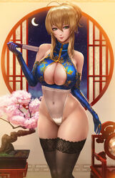 1girls abs absurdres ahoge artist_name artoria_pendragon artoria_pendragon_(lancer) black_legwear blonde_hair blue_gloves blurry blurry_background bonsai breasts cameltoe chinese_clothes closed_fan crescent_moon elbow_gloves fan fate/grand_order fate_(series) female folding_fan gloves green_eyes hair_between_eyes high_resolution highres large_breasts legwear limgae looking_at_viewer moon navel night night_sky patreon_reward patreon_username short_hair shrug_(clothing) sleeveless smile solo thighhighs url watermark web_address