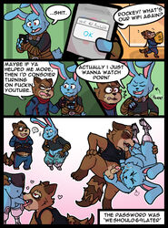 2boys 69_position anthro balls blackjack_o'hare blue_body blue_fur bodily_fluids comic cum cum_in_mouth cum_inside cybernetics cyborg duo english_text erection fur gay genital_fluids genitals guardians_of_the_galaxy hi_res kay_but_gayer lagomorph leporid machine male male/male male_only mammal marvel oral penis procyonid rabbit raccoon rocket_raccoon sex text yaoi