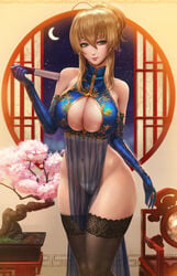 1girls absurdres ahoge artist_name artoria_pendragon artoria_pendragon_(lancer) black_legwear blonde_hair blue_gloves blurry blurry_background bonsai breasts cameltoe chinese_clothes closed_fan crescent_moon elbow_gloves fan fate/grand_order fate_(series) female folding_fan gloves green_eyes hair_between_eyes high_resolution highres large_breasts legwear limgae looking_at_viewer moon navel night night_sky patreon_reward patreon_username pelvic_curtain short_hair shrug_(clothing) sleeveless smile solo thighhighs url watermark web_address