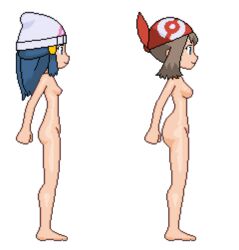 2girls animated ass big_ass blue_hair breast_size_difference breasts brown_hair dawn_(pokemon) female female_only human human_only may_(pokemon) multiple_girls nintendo nude nude_female pixel_art pokemon pokemon_dppt pokemon_rse pov simple_background small_ass smile straight take_your_pick turntable_(animation) video_games white_background