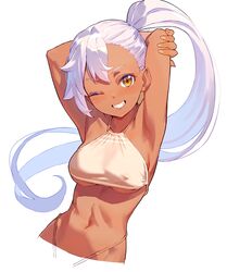 1girls ;) breasts brown_eyes dark-skinned_female dark_skin female female female_focus female_only kinta_(distortion) long_ponytail looking_at_viewer navel nipple_bulge one_eye_closed ponytail smile tagme tan tan_skin underboob white_hair