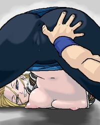 android_18 anus blonde_hair blue_eyes bondage cameltoe dragon_ball grabbing_ass panting puffy_nipples rope short_hair sorashu spread_anus spread_legs tied