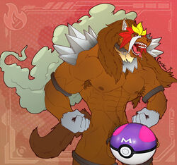 abs accessory anthro armband armpit_hair balls body_hair brown_penis canid canine canis censored cock_ring digital_media_(artwork) entei eroskun fist flexing genital_piercing genitals humanoid_genitalia humanoid_penis jewelry leash legendary_pokémon male male_only mammal master_ball muscular muscular_anthro muscular_male nintendo nipples open_mouth pecs penis penis_accessory penis_jewelry penis_piercing piercing pokéball pokémon_(species) pokemon pose prince_albert_piercing pubes red_eyes solo teeth tongue tongue_out video_games