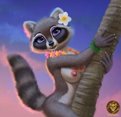 anthro areola bracelet breasts climbing cloud eyelashes female flower flower_in_ear flower_necklace fur furry grey_body grey_fur hawaii hi_res inner_ear_fluff jewelry looking_at_viewer mammal necklace nipples nude palm_tree plant procyonid purple_eyes raccoon simple_background smile smiling_at_viewer solo solo_focus sunset tree tuft vestina