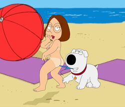 accurate_art_style ass breasts brian_griffin brown_hair canid canine canis coppertone coppertone_(sunscreen) domestic_dog duo family_guy female frost969 hair hi_res human mammal meg_griffin megatron_griffin nipples screencap screencap_background suntan tan_line tanline white_body