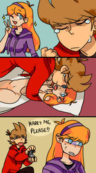 1boy 1girls black_shirt blue_eyes body_pillow bodypillow brown_hair crossover crying eddsworld ginger_hair matilda_(eddsworld) pillow proposal purple_hoodie red_hoodie rule_63 text tord_(eddsworld)