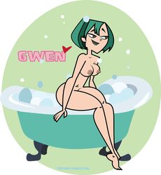 1girls bath bathtub breasts dark_blue_hair female female_only goth green_hair grey_eyes gwen_(tdi) lipstick naked nipples nude short_hair sitting soap_bubbles solo solo_female total_drama_island water white_skin zoocpaka