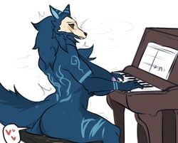 abyssal_wolf anthro areola ass big_breasts blue_body blue_hair bodily_fluids breasts casual elvia female genital_fluids hair josun keyboard_instrument musical_instrument nude piano playing_instrument pussy_juice sitting solo sweat