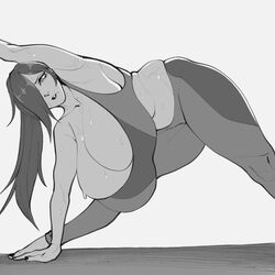 1girls arm_over_shoulder ass ass_up bent_over big_ass big_breasts breasts collarbone hair_over_one_eye hand_on_floor krekk0v lin_(krekk0v) long_hair loose_sleeves massive_breasts mole mole_under_mouth monochrome no_color sports_bra sportswear stretching strongmoist sweat sweatdrop teeth_clenched thick_thighs thighs tight_clothing venus_body yoga yoga_pants