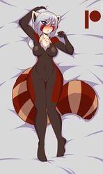 1girls ailurid anthro areolae ass_visible_through_thighs bed blue_eyes blush breasts clitoris dakimakura dakimakura_pose exposed female female_only fluffy_chest fur furniture furry genitals highres large_breasts looking_at_viewer mammal mastergodai multicolored_fur naked nava_(hunterx90) nipples nude pussy red_body red_fur red_panda solo striped_body striped_fur stripes tail thick_thighs thigh_gap voluptuous white_hair wide_hips