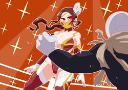 1boy 1boy1girl 1girls arm_stockings big_breasts big_thighs black_skin blush breasts brown_hair curvy curvy_figure face_mask faceless_male fight fighting fighting_ring gloves hair_ornament kamen_rider kamen_rider_saber_(series) long_hair masked masked_female masked_male muscular_male orange_background orange_eyes otokam1117 red_swimsuit red_thigh_highs red_thighhighs sabella shindai_reika spotlight standing swimsuit thick_thighs thigh_highs thighhighs thighs tied_hair voluptuous white_gloves wrestler wrestling wrestling_mask wrestling_move wrestling_outfit wrestling_ring