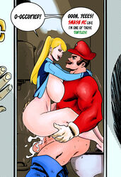 1boy 1boy1girl 1girls 1other ass bathroom big_ass big_breasts bimbo breasts caught caught_in_the_act clothing colored cowgirl_position crossover cum cum_inside english_text female hi_res huge_ass huge_breasts indoors looking_at_another male mario mario_(series) metroid nintendo nipples onesheeparmy penis pov samus_aran semen sex side_view sideboob sitting speech_bubble super_smash_bros. tagme testicles text thick_thighs toilet