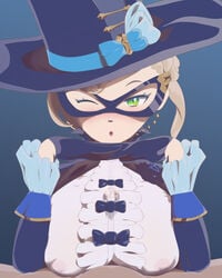 1boy 1girls ballroom_mask blonde_hair blush c_o_d_a_(artist) cuff_links cum cum_between_breasts cum_through_clothes cum_under_clothes cygames dragalia_lost first_person_view green_eyes hands_under_chin hat lapis_(dragalia_lost) light_skin looking_at_viewer mask nintendo o_face one_eye_closed open_mouth opera_gloves opera_mask paizuri paizuri_under_clothes pov top_hat wet wink