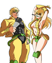 1boy 1girls 2021 5:6 abs armband armpits arms_above_head arms_up bare_shoulders belt blonde_hair bracelet breasts choker cleavage clothed clothing dio_brando earrings eye_mask female genderswap_(mtf) gloves green_belt green_headband green_thong hand_on_hip headband heart highres holding_knife humanized jewelry jojo's_bizarre_adventure knee_pads knife knife_in_mouth large_breasts long_hair looking_at_viewer mask matching_hair/eyes mouth_hold muscles muscular muscular_male navel open_clothes pants pecs pose revealing_clothes rule_63 sharp_fingernails sideboob simple_background skin_tight smile smirk stand_(jjba) stardust_crusaders suspenders teeth the_world thighs thong tight_clothing tinafate1 underwear vampire white_background yellow_clothing yellow_eyes yellow_gloves