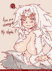 1girls angry blush crossbreed_priscilla dark_souls dragon dragon_girl embarrassed exposed_breasts exposed_nipples fromsoftware green_eyes horn horns jiete kneeling large_breasts looking_at_viewer monster_girl nipples pale_skin slit_pupils text white_fur white_hair