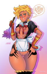 apron blonde_hair breasts collar darkereve english_text feather_duster female female_only hairless_pussy jagua_tales looking_at_viewer maid maid_outfit maid_uniform naked naked_female nipples no_bra no_panties nude nude_female pussy revealing_clothes skimpy_clothes small_breast smooth_skin solo solo_female stockings tagme tania_serrata tattoos text vagina