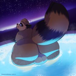 2021 anthro ass backsack balls big_butt brown_body brown_fur canid canine detailed_background doritoderg fur genitals hi_res male mammal night overweight overweight_anthro overweight_male raccoon_dog solo tanuki tongue tongue_out water