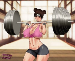 1girls barbell bare_shoulders big_breasts bike_shorts bracelets breasts brown_eyes brown_hair cleavage crop_top curvaceous double_bun erect_nipples female_only fit fit_female headband holding_object indoors konohagakure_symbol midriff naruto naruto_(series) naruto_shippuden nipples no_underwear one_eye_closed princess_paizuri shorts smile strong sweat sweatdrop tank_top tenten tied_hair training underboob weightlifting wide_hips