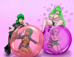 1boy 3girls big_breasts big_lips bubble bubble_gum bubblegum cat_ears czara_(shaoz) dark-skinned_female demon_girl female femboy glasses green_hair human janine_(jasethemace10) jase_(jasethemace10) keliame_(goldlinaric) latex_clothing lipstick male original_character original_characters pout queen secretary trapped trapped_in_bubble