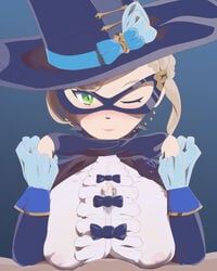 1boy 1girls ballroom_mask blonde_hair blush c_o_d_a_(artist) cuff_links cum cum_between_breasts cum_through_clothes cum_under_clothes cygames dragalia_lost first_person_view green_eyes hands_under_chin hat lapis_(dragalia_lost) light_skin looking_at_viewer mask nintendo one_eye_closed opera_gloves opera_mask paizuri paizuri_under_clothes pov smile top_hat wet wink