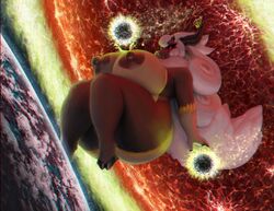 2d_looking_like_3d absurd_res anthro ass big_breasts bovid breasts caprine chromatic_aberration energy_ball erect_nipples female goat highres hooves horns huge_areolae huge_breasts huge_thighs hyper_bimbo long_hair macro mammal nipple_outline nude nude_female patacon planet red_eyes solo thick_legs thick_thighs white_hair