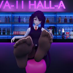 1girls 3d blender dark_purple_hair drinking feet feet_up foot_fetish foot_focus footwear hi_res highres julianne_stingray justhopelessbaka leggings legwear nylons pov pov_eye_contact presenting_feet purple_eyes shoes_removed soles solo solo_female tie va-11_hall-a