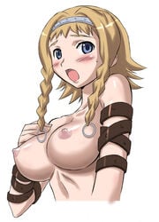 blonde_hair blue_eyes blush female headband hirooki_(dr-e) large_breasts open_mouth queen's_blade reina_(queen's_blade) solo straps twin_braids twintails