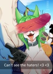 anthro canid canine cant_see_the_haters english_text female genitals green_hair hair hi_res kemono male male/female mammal penis penis_on_face skulkers text tongue tongue_out