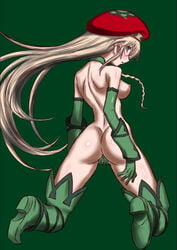 alleyne blonde_hair blue_eyes braid frown gloves green_background hat hirooki_(dr-e) large_breasts leaf_panties leaves long_gloves long_hair looking_back pointy_ears queen's_blade very_long_hair