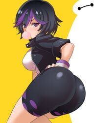 1girls anime_style ass baymax big_ass big_hero_6 bike_shorts bubble_butt bubble_gum dat_ass disney female female_only gogo_tomago hand_on_ass konno_tohiro looking_at_viewer looking_back marvel short_hair shorts solo spats tomboy