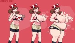 alternate_breast_size areolae bandana bbw belly big_areola big_ass big_belly big_breasts big_nipples blue_eyes blush blushing brown_hair chubby clothing eyebrows_visible_through_hair eyelashes fat flashing game_freak headgear highres huge_ass huge_breasts large_ass large_breasts light-skinned_female light_skin maniacalfork may_(pokemon) may_(pokemon_oras) nervous nintendo no_bra overweight pokemon pokemon_oras ripped_clothing shorts simple_background smug thick_thighs thighs tight_clothing weight_gain