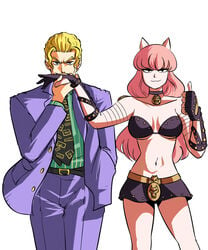 1boy 1girls 2021 5:6 animal_ears armband armor bare_shoulders belt bikini_armor black_eyes black_gloves blonde_hair blonde_hair_male blue_eyes bracelet breasts cat_ears catgirl choker cleavage clothed clothing diamond_is_unbreakable eyebrows_visible_through_hair female fully_clothed genderswap_(mtf) gloves hand_in_pocket highres holding_hands humanized jacket jewelry jojo's_bizarre_adventure killer_queen large_breasts long_hair long_hair_female looking_at_viewer midriff navel necktie open_clothes open_jacket pants partially_fingerless_gloves pink_hair pink_hair_female pose purple_clothing revealing_clothes rule_63 short_hair short_skirt shounen_jump simple_background skirt stand_(jjba) suit thighs thumbs_up tinafate1 white_background yoshikage_kira