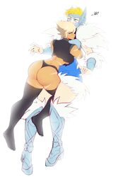 big_butt blonde_hair blue_eyes brawlhalla brynn_(brawlhalla) clothed eirlys hug petra_(brawlhalla) red_eyes scar simple_background tagme tanned_skin thick_thighs underboob white_background white_skin yuri